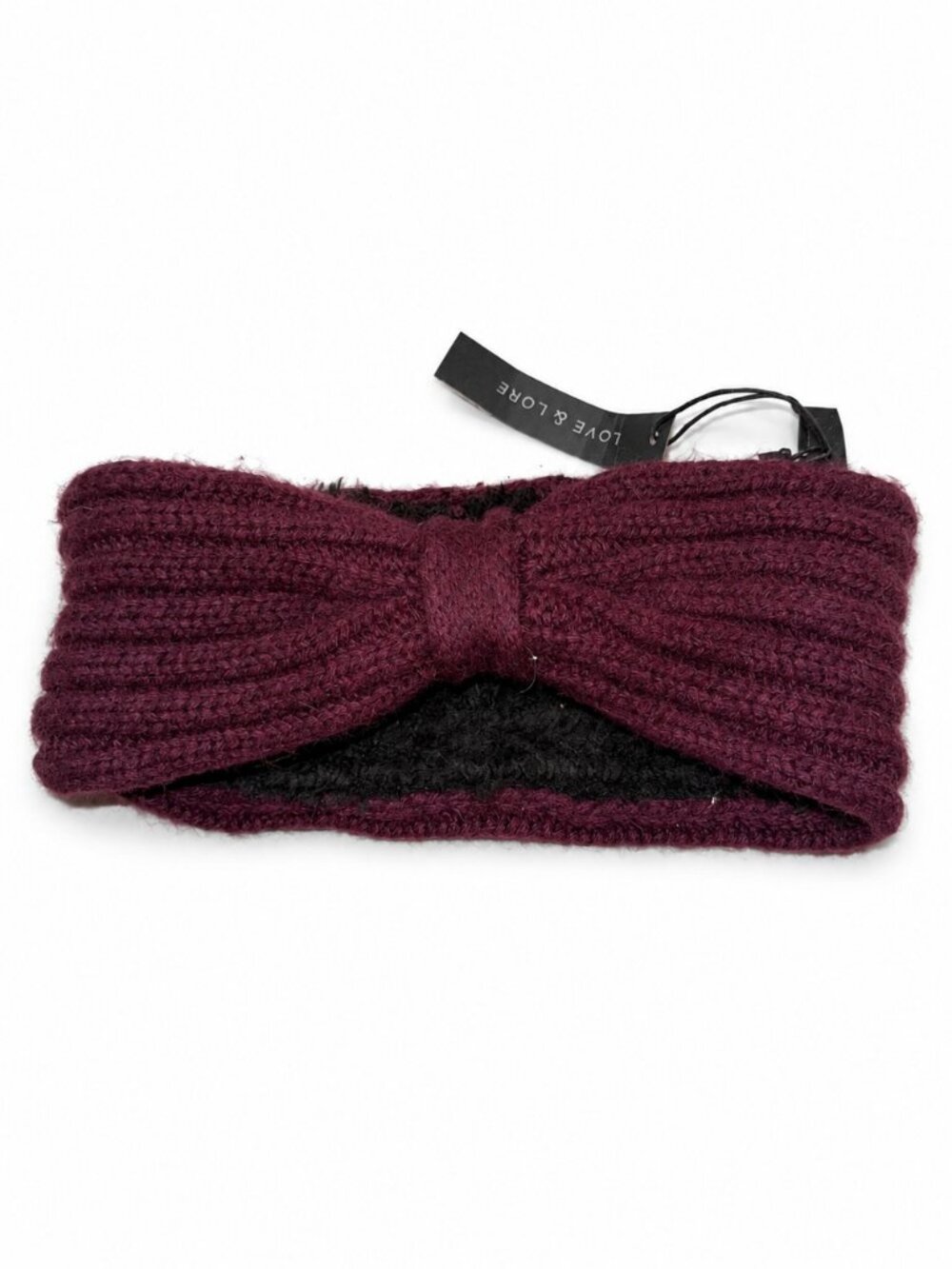 Love & Lore Plum Ribbed Knit Bow Headband Fleece Lined NWT